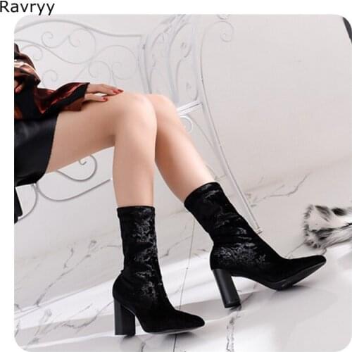 Fashion Womans short boots elastic suede leather autumn winter women black ankle boot square heel pointed toe female shoes