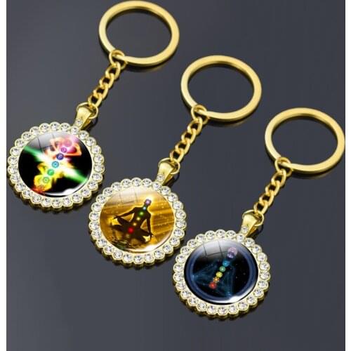 Fashion 7 Chakra Gold Plated Keychain Creative Crystal Chakra Yoga Meditation Glass Cabochon Jewelry Pendant Keyring Women Gift