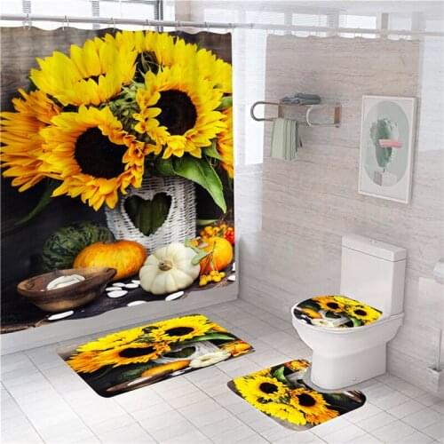 4PCS Sunflower Pattern Toilet Cover Shower Curtains Set Polyester Non Slip Mat Set Waterproof Bathroom Shower Curtains