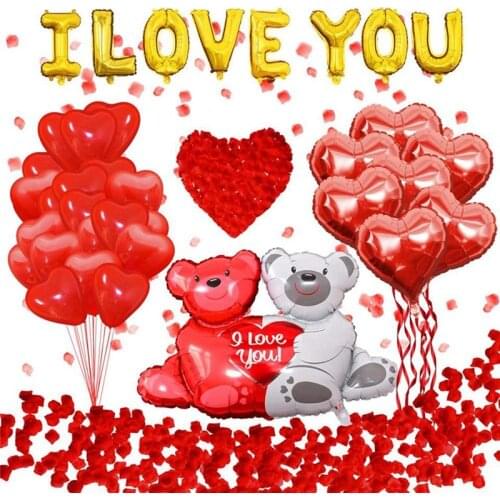 I LOVE YOU Balloons Valentine Party Decor Balloons Kit with Silk Rose Petals Love Bear Balloons Heart Shaped Balloons