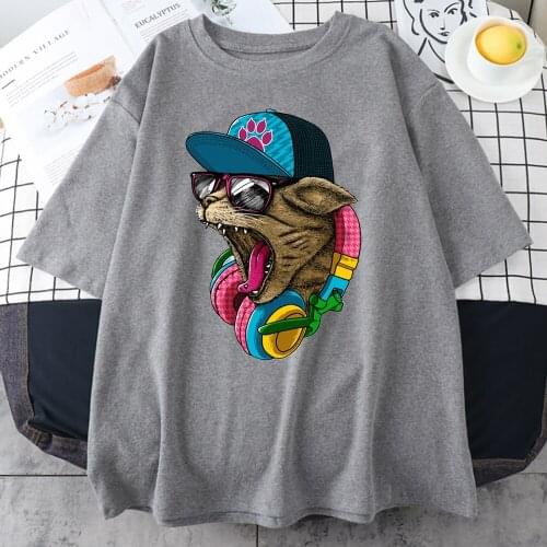 2021 New Arrival Mens T-shirts Fashion Crazy DJ Cat T-shirt Men Top Short Sleeve Shirt Hipster Tee Brand Clothing Rock Harajuku