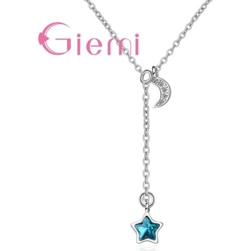 Trendy Mysterious Blue Cubic Zirconia Star+Moon Shape Pendant Necklace 925 Sterling Silver Crystal Jewelry For Women Girlfriend