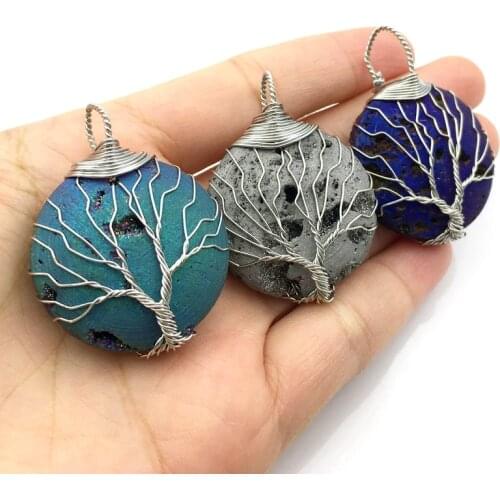 Rainbow Geode Druzy Agates Pendant Healing Crystal teardrop round shape Pendant with Wire Wrapped in silver Plated natural drusy