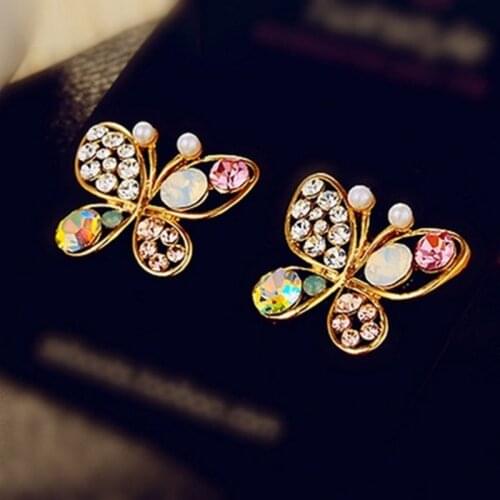 Pearl Butterfly Earring Hollow Color Rhinestone Temperament Wild Earring Fashion Korean Jewelry Gift Wholesale