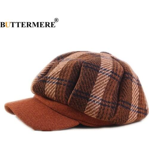 BUTTERMERE Newsboy Cap Vintage Hat for Women Tweed Gabby Baker Boy Cap Caramel Plaid Patchwork Girls Art Hat Winter Flat Cap