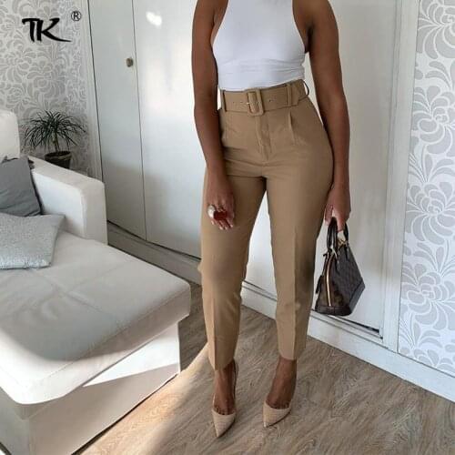 Womens Pants High Waist With Belt Pockets 2021 Autumn New Ankle-length Trousers Female Fashion Elegant Harem Office Laies Pant