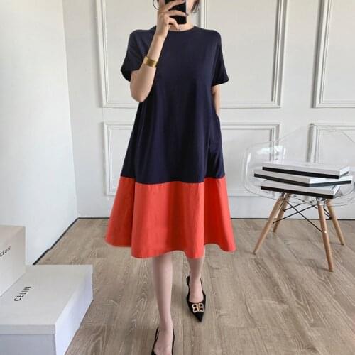 Johnature Simple Patchwork Hit Color Women Dress 2021 Summer New Loose O-neck Short Sleeve Pockets Knee-length A-Linen Dresses