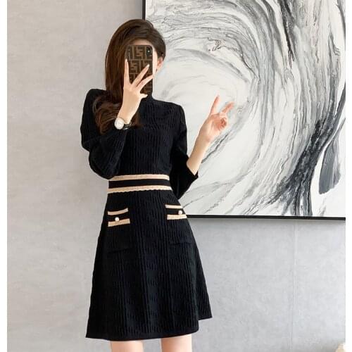 Knitted Dress 2021 Autumn Winter Sweater Dress Women Casual Elastic A-line O Neck Full Sleeve Warm Bottom Vestidos