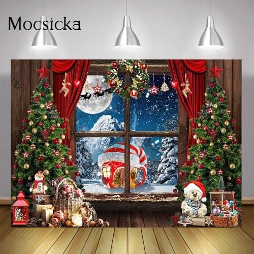 Winter Window Wonderland Backdrop Christmas Trees Gifts Frozen Snow Scene Background Curtain Full Moon Night Merry Xmas Party