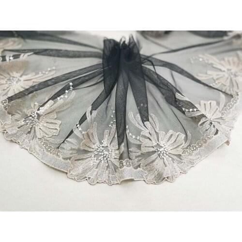 10meters Exquisite Handmade DIY Embroidery Fabric Flower Lace Trim 24cm Wide Ribbon Black Mesh Tulle Decoration Free Shipping