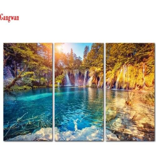 5D DIY Landscape Mountain,Lake 3pcs Diamond Painting Full square Round Diamond Embroidery Beaded Cross Stitch sunset view decor