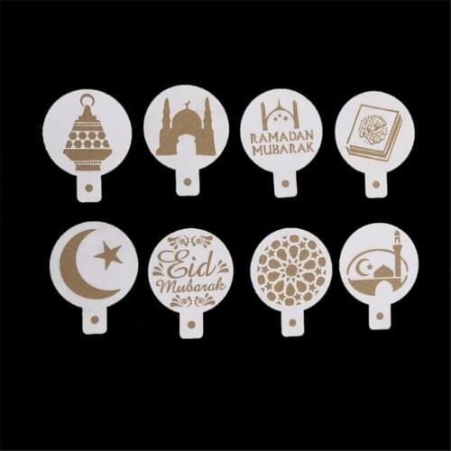 8pcs/set Eid Mubarak Ramadan White Plastic Coffee Printing Template Spray Stencil Fondant Cake Biscuits Decoration Tools