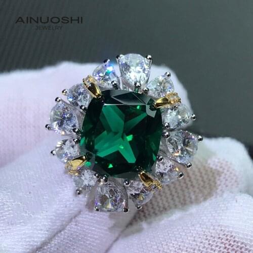 AINUOSHI Cushion Cut Halo Lad Created Emerald / Ruby Engagement Rings Gift For Luxury 925 Sterling Silver Rings