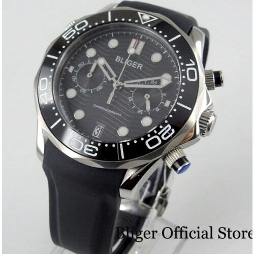 BLIGER New Black Quartz Wristwatch Chronograph Date Fucntion Sapphire Glass Rubber Strap 24 Hours