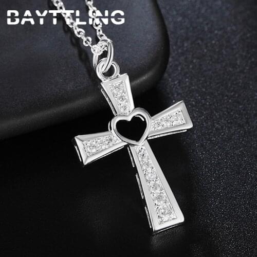 BAYTTLING New 925 Sterling Silver 18 Inch AAA Zircon Heart Cross Pendant Necklace For Woman Fashion Party Wedding Jewelry Gift