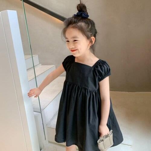 2021 Girls Sweet Dress Summer 3-8Y Baby Kids Korean Square Collar Bubble Sleeves Bow Princess Dresses For Girls Chilren Clothing