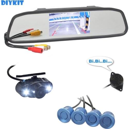 DIYKIT 4 Sensors 4.3 Inch Rear View Car Mirror Monitor + Video Parking Radar + LED Car Camera Parking Assistance System