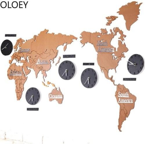 Large World Map Wall Clock Living Room Nordic 3D Sticker Wall Clock Modern Design Wooden Wall Clocks Home Farmhouse Decor Hot