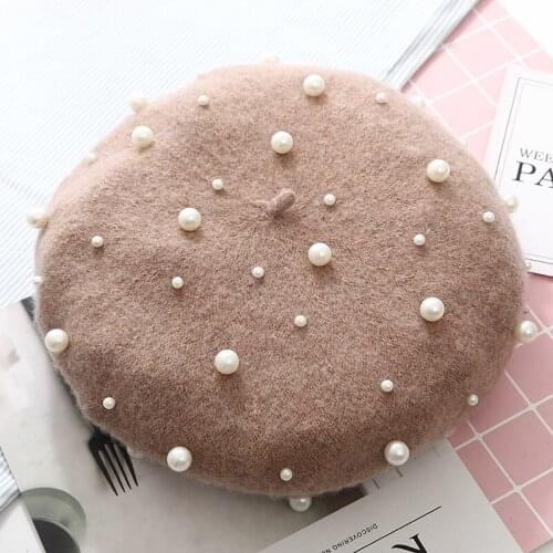 New Women Winter Wool Beret Candy Color Vintage Imitation Pearls Cashmere Beanies Hats Elegant Cute Warm Fashion Flat Beret Caps