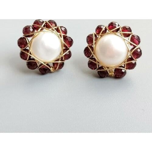 LiiJi Natural Garnet Freshwater Pearl Vintage Style Stud Earrings 925Sterling Silver Handmade Delicate Jewelry For Women Gift