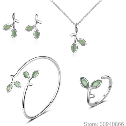 925 Sterling Silver Jewelry Sets Opal Leaf Bud Earrings+Ring+Necklace+Bangle For Women Summer Jewelry
