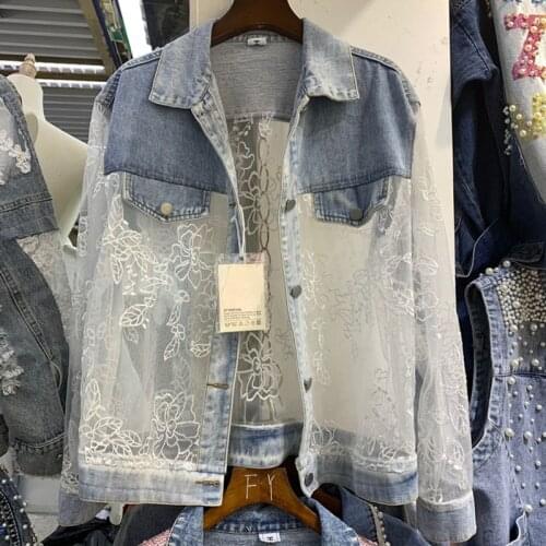 Lace stitching denim jacket women summer new loose single-breasted lapel long-sleeved jacket Y769