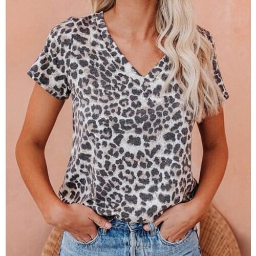 Sexy Leopard Print Women T Shirt Summer Street Short-sleeved V-neck T-shirt Female Casual Top T-shirt