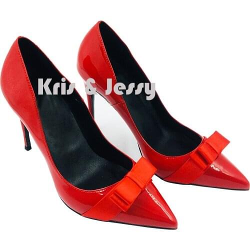 Big Size 34-45 Satin Bow-Tie Pointy Toe Classical Design Women High Heels Elegant Shiny Patent Leather Party Shoes