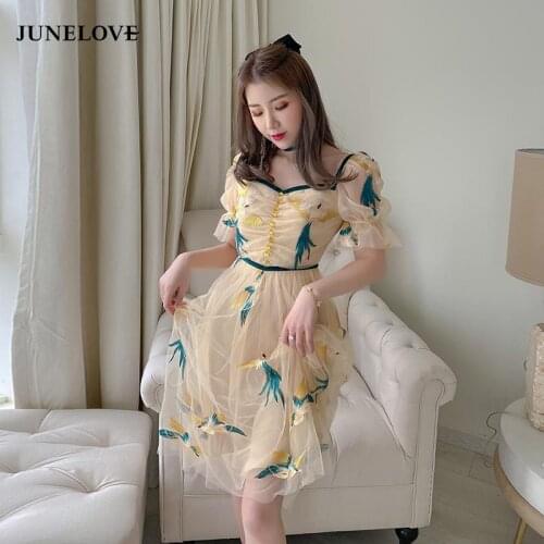 Women Bird Embroidery Party Dress Vintage Square Collar Female Puff Sleeve Mini Dress Casual Holiday Lady Boho Vestidos