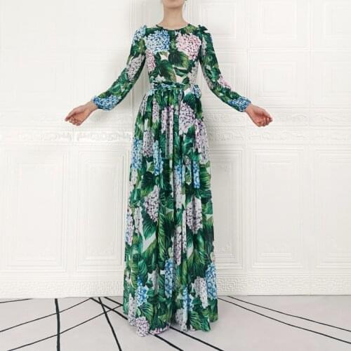 Long Dress 2020 Autumn WomenS Boho High Quality Party Casual Elegant Chic Green Plant Print Slim Long Sleeve Chiffon Dresses