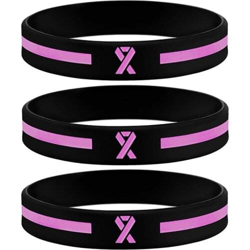 Black Breast Cancer Awareness Pink Ribbon Silicone Wristband Bracelet
