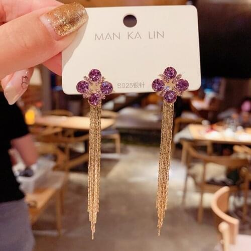 2020 New Trendy Korean Flower Four Petals Rhinestones Tassel Long Earrings For Women Jewelry Black Pink Purple Earring Party wed