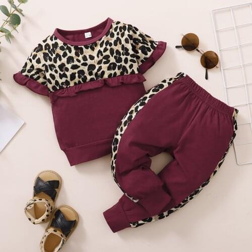 2021 Toddler Baby Girls Clothing Sets Ruffle Leopard Print T-shirt Tops+pants Sports Outfits Kids Clothes Girls Clothing Sets