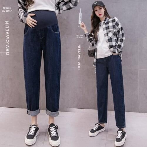 6612# Autumn Denim Maternity Straight Jeans Elastic Waist Belly Pants Clothes for Pregnant Women Wide Leg Loose ChicPregnancy