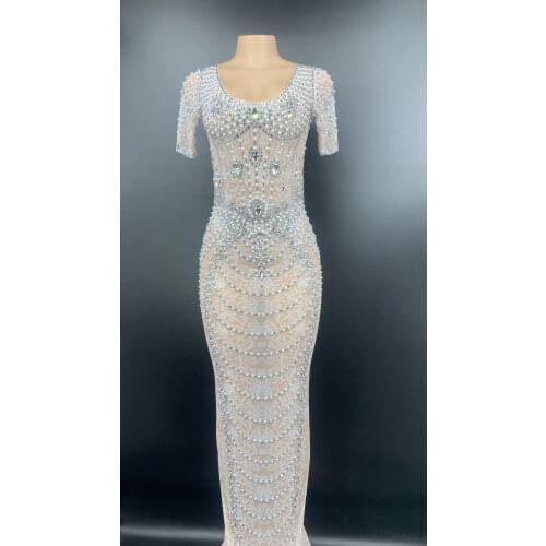 Shining Embellished Beaded Pearl Mesh Women Split Dresses Short Sleeve Long Dresses DJ Singer Dance Stage Wear Nightclub Outfit