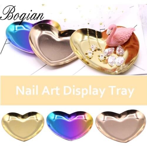 BQAN Metal Storage Tray Rose Gold Gradient Jewelry Rhinestone Nail Art Tips Plate Heart Display Nail Art Manicure Salon Tools
