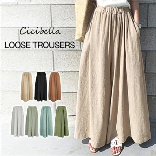 Cotton And Linen Wide Leg Pants For Women Elastic High Waist Straight Plus Size Trousers Solid Color Casual Loose Female Pants