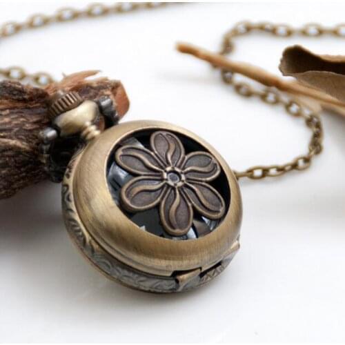 Wholesale price good quality fashion vintage retro new bronze flower petal pocket watch necklace with chain hour 10pcs