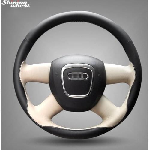 Black Beige Leather Hand-stitched Steering Wheel Cover for Audi Old A4 B7 B8 A6 C6 2004-2011 Q5 2008-2012 Q7 2005-2011