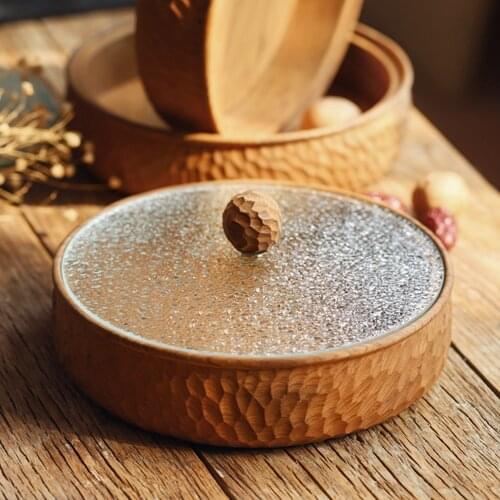 Japanese Style Hand Carved Solid Wood Food Plate With Glass Cover Anti-dust Round Wooden Storage Box For Dry Fruit Nuts Snacks
