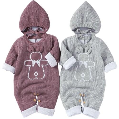 Baby crawling clothes men and women baby birthday cartoon printed patch cotton long-sleeved + knitted hat boy baby jumpsuit