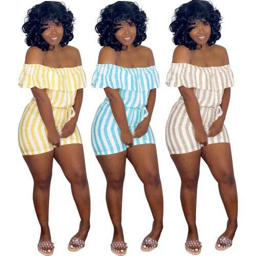 Echoine Women Retro Striped Ruffles Playsuit Slash Neck Bandage Sashes Playsuits Fashion Romper One Piece Overalls Summer Outfit