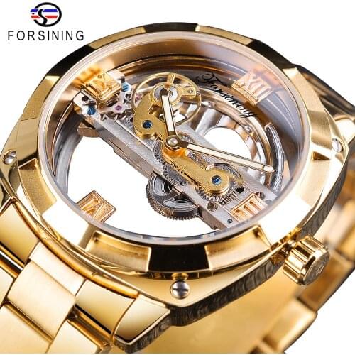 Forsining Transparent Golden Mechanical Watch Mens Steampunk Skeleton Automatic Gear Self Wind Stainless Steel Band Clock Montre