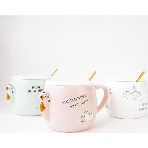 Coffee Milk Juice Ceramic Cup Creative Cat Lying Ceramic Cup with Cover Spoon Friends Gift Teacup Water Cup Pottery Drinkware