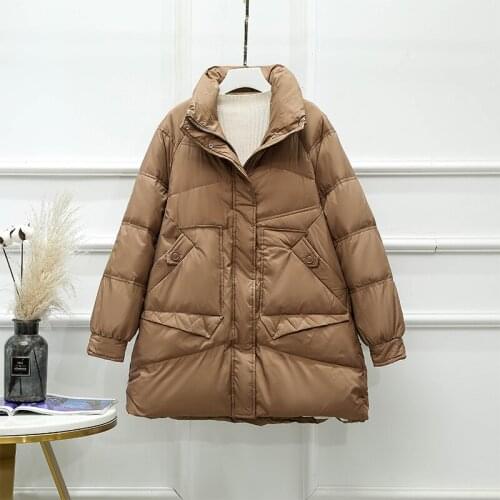2021 Women Winter Warm Jacket Female Casual White Duck Down Coat Stand Collar Zipper Big Pocket Parkas Loose Outwear