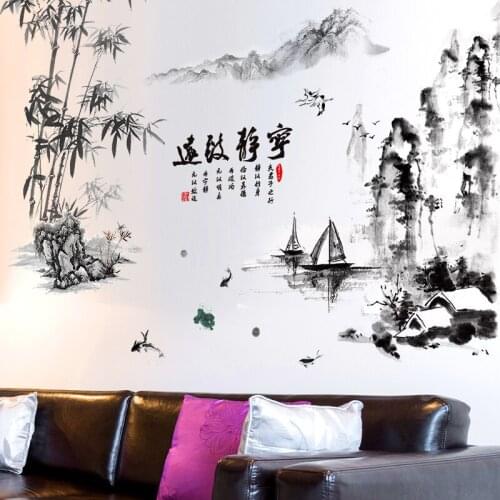 Mountains Boats Bamboo Wall Stickers Decoration Chinese Style Vinyl DIY Mural Decals for Living Room Home Decor