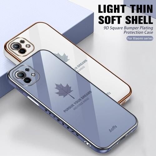 For Xiaomi Mi 11 Lite Soft TPU plating Maple leaf Square Slim protective Back Cover Case For Xiaomi Mi11 10T Pro 10 9 8 9t Shell