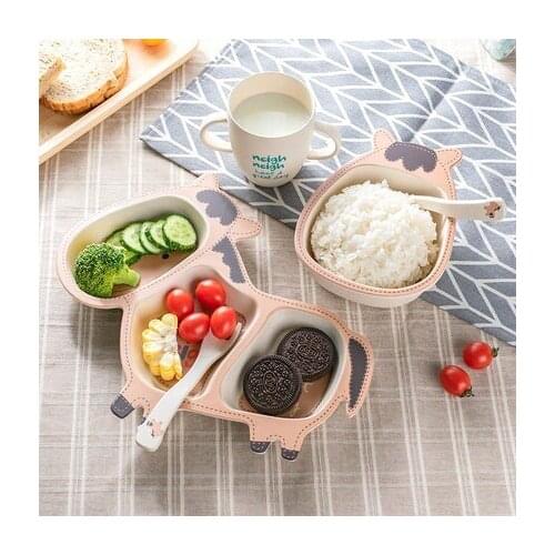 Baby Dishes Set Tableware Children Cartoon Feeding Dishes Kids Natural Bamboo Fiber Dinnerware With Bowl Fork Cup Spoon Plate