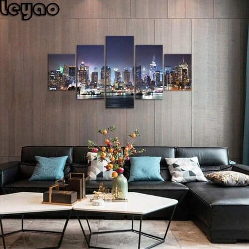 Full Square Round Diamond Painting Landscape 5 pieces 5D Diamond Embroidery Mosaic Cross Stitch New York city night view Decor