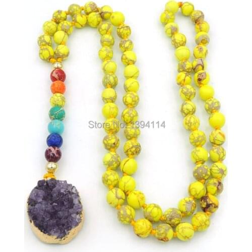 Natural Amethys t Druzy & 7 Chakra Colors Pendants Necklaces 8mm Yellow Imperial Jaspe r Round Beads Knot Handmade